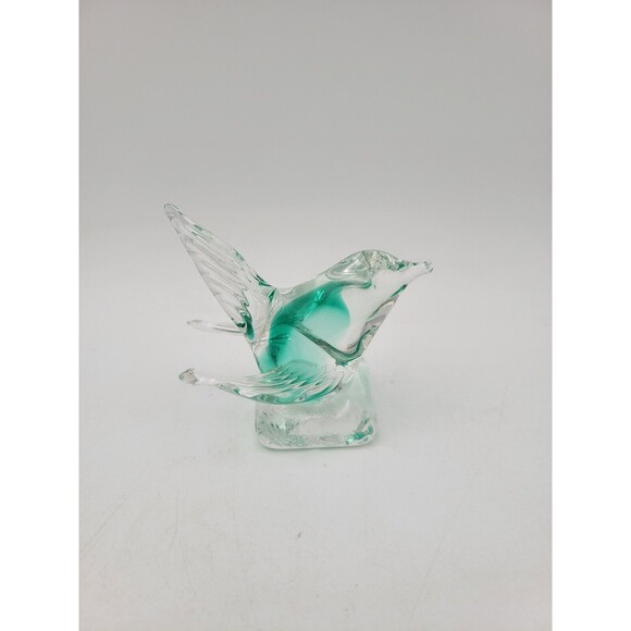 Unmarked Other - Small Art Glass bird Figurine Green‎ And Clear Hand Blown Sculpture